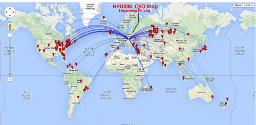 Mapa QSO stacji HF100BL